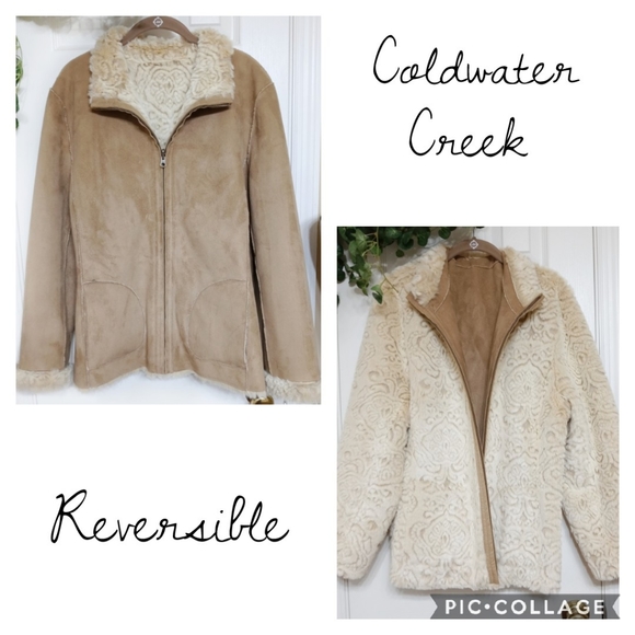 Coldwater Creek Reversible Tan & Cream Coat Size L 14 - Picture 9 of 9